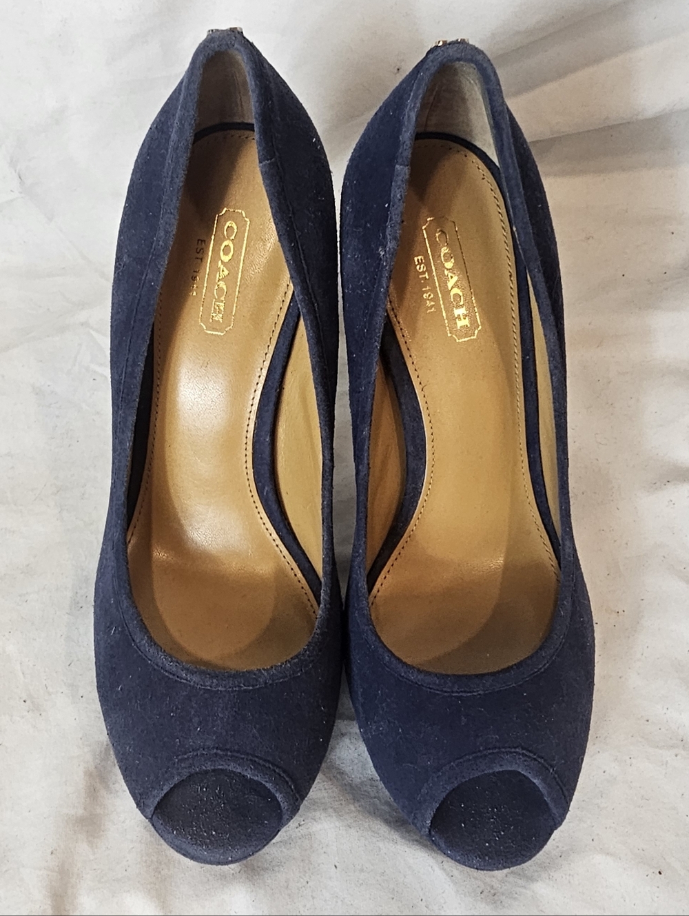 Coach Navy Suede Peep-Toe Platform Pumps Size 7 Quiet Luxury Office Wedding - Picture 4 of 14